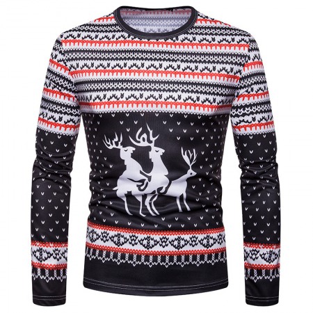 New 3D Personality Printing Fashion Men's Christmas Elk Pattern Long-Sleeved T-Shirt