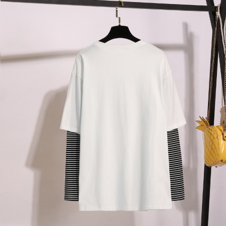 Fashion Tops Plus Size Women's Striped Stitching Printing Long-Sleeved T-Shirt Women