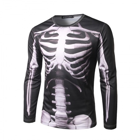 Men's New 3D Perspective Skeleton Three-Dimensional Printing Long-Sleeved Round Neck T-Shirt