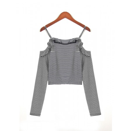 Autumn One-Shoulder Off-The-Shoulder Striped T-Shirt